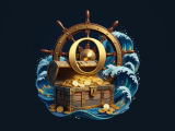 OmnuLevelHouse premium luxury nautical adventure social casino logo featuring a yacht wheel treasure chest ocean waves golden coins and an O monogram